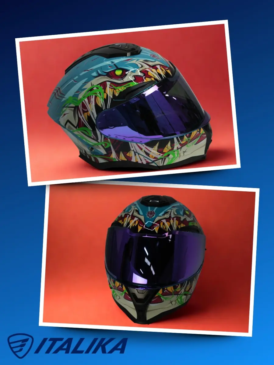 Casco integral con diseño de criatura y visor morado