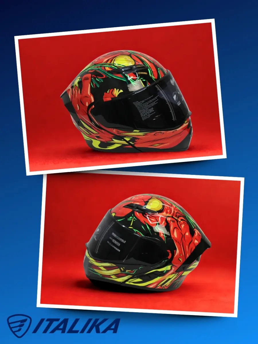 Casco con gráficos rojo, amarillo y verde